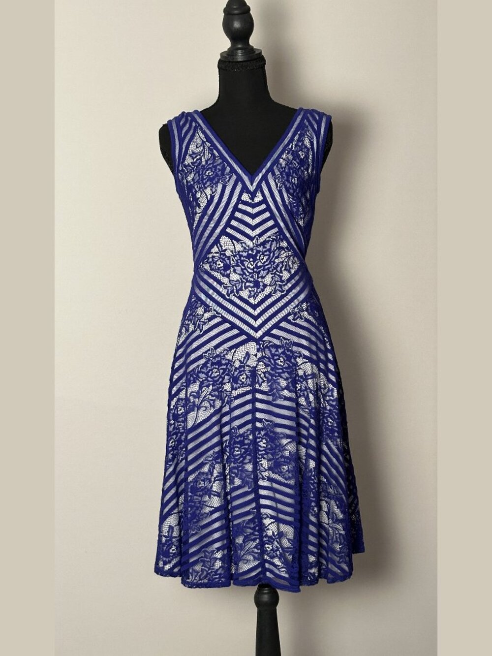 Tadashi Shoji Cobalt Blue Chevron Lace Fit and Flare Dress Size 2 Cocktail